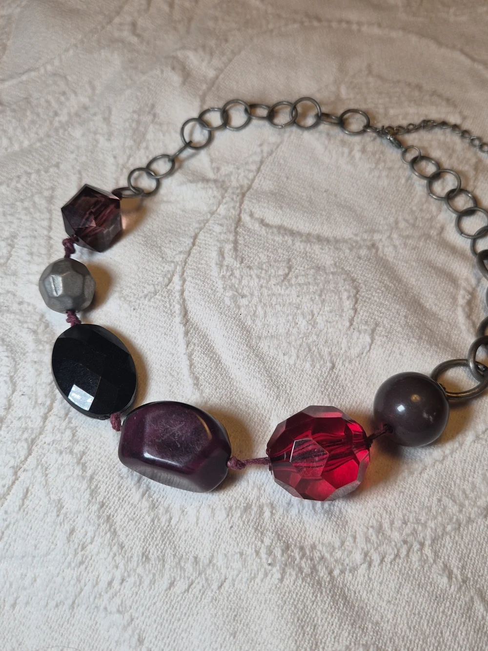 Handmade Vintage Necklace Large Beads Beaded Metal Ring Chain Chunky Statement ✨